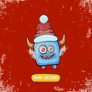 Vector cartoon funky blue monster with Santa Claus red hat holding ice cream Stock Illustration