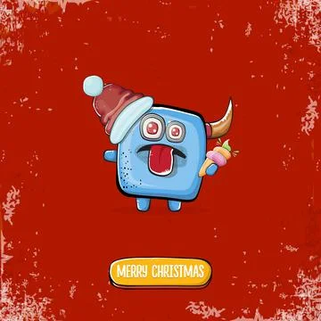 Vector cartoon funky blue monster with Santa Claus red hat holding ice cream Stock Illustration