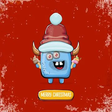 Vector cartoon funky blue monster with Santa Claus red hat holding ice cream Stock Illustration