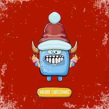Vector cartoon funky blue monster with Santa Claus red hat holding ice cream Stock Illustration