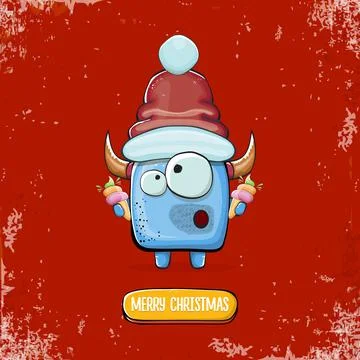 Vector cartoon funky blue monster with Santa Claus red hat holding ice cream Stock Illustration