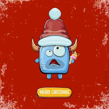 Vector cartoon funky blue monster with Santa Claus red hat holding ice cream Stock Illustration
