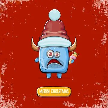 Vector cartoon funky blue monster with Santa Claus red hat holding ice cream Stock Illustration