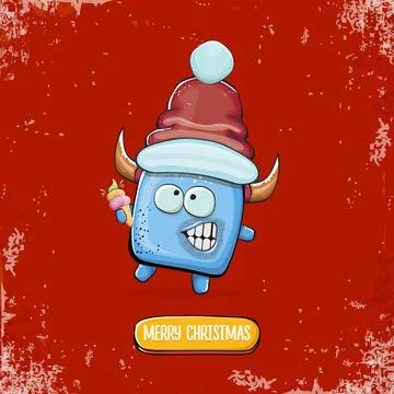 Vector cartoon funky blue monster with Santa Claus red hat holding ice cream Stock Illustration