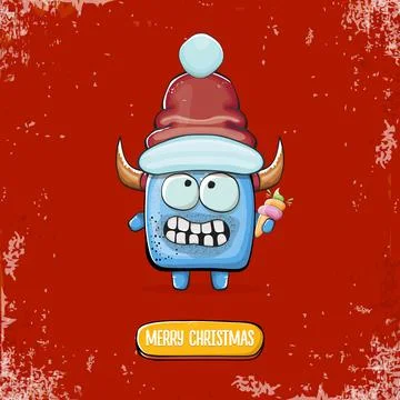 Vector cartoon funky blue monster with Santa Claus red hat holding ice cream Stock Illustration