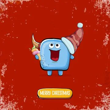 Vector cartoon funky blue monster with Santa Claus red hat holding ice cream Stock Illustration