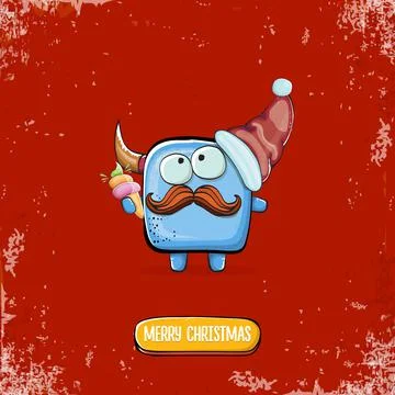 Vector cartoon funky blue monster with Santa Claus red hat holding ice cream Stock Illustration