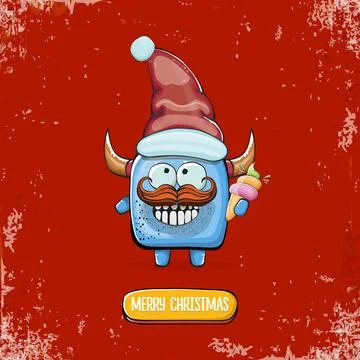 Vector cartoon funky blue monster with Santa Claus red hat holding ice cream Stock Illustration