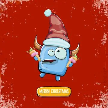 Vector cartoon funky blue monster with Santa Claus red hat holding ice cream Stock Illustration