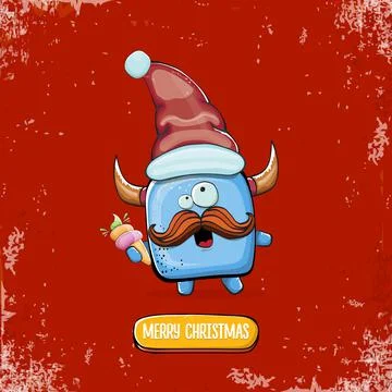 Vector cartoon funky blue monster with Santa Claus red hat holding ice cream Stock Illustration