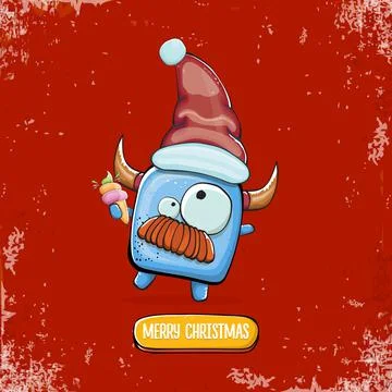 Vector cartoon funky blue monster with Santa Claus red hat holding ice cream Stock Illustration