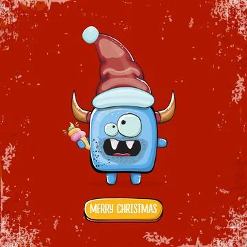 Vector cartoon funky blue monster with Santa Claus red hat holding ice cream Stock Illustration
