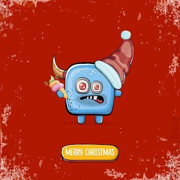 Vector cartoon funky blue monster with Santa Claus red hat holding ice cream Stock Illustration