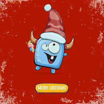 Vector cartoon funky blue monster with Santa Claus red hat holding ice cream Stock Illustration