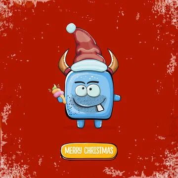 Vector cartoon funky blue monster with Santa Claus red hat holding ice cream Stock Illustration