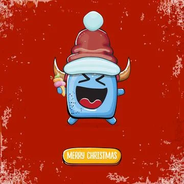 Vector cartoon funky blue monster with Santa Claus red hat holding ice cream Stock Illustration
