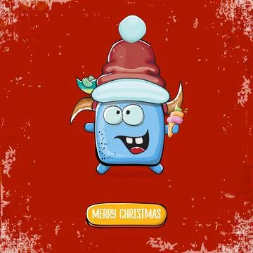 Vector cartoon funky blue monster with Santa Claus red hat holding ice cream Stock Illustration