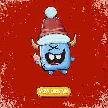 Vector cartoon funky blue monster with Santa Claus red hat holding ice cream Stock Illustration