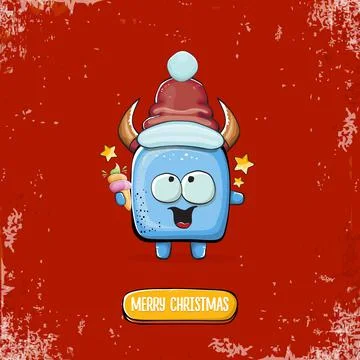 Vector cartoon funky blue monster with Santa Claus red hat holding ice cream Stock Illustration