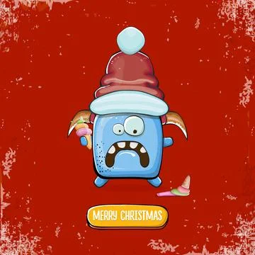 Vector cartoon funky blue monster with Santa Claus red hat holding ice cream Stock Illustration