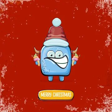 Vector cartoon funky blue monster with Santa Claus red hat holding ice cream Stock Illustration