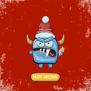 Vector cartoon funky blue monster with Santa Claus red hat holding ice cream Stock Illustration