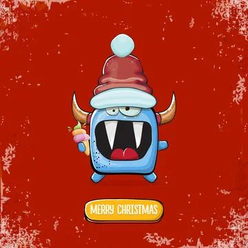 Vector cartoon funky blue monster with Santa Claus red hat holding ice cream Stock Illustration