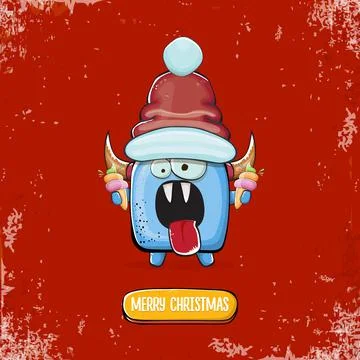 Vector cartoon funky blue monster with Santa Claus red hat holding ice cream Stock Illustration
