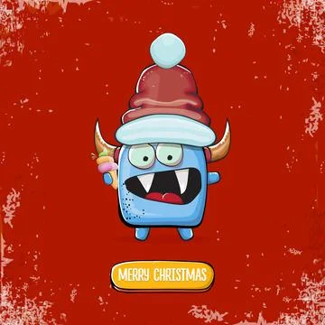 Vector cartoon funky blue monster with Santa Claus red hat holding ice cream Stock Illustration