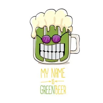 Vector cartoon funky green beer glass character with isolated on white Stock Illustration