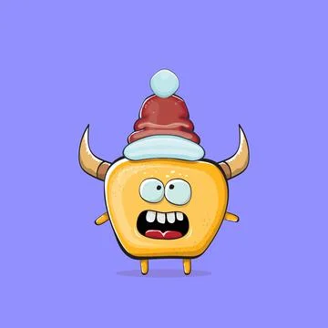Vector cartoon funky orange monster with Santa Claus red hat isolated on violet Stock Illustration
