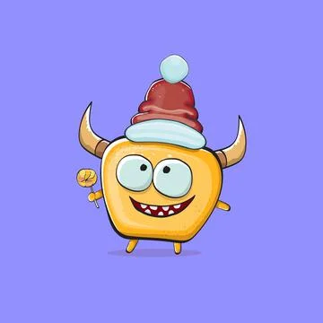 Vector cartoon funky orange monster with Santa Claus red hat isolated on violet Stock Illustration