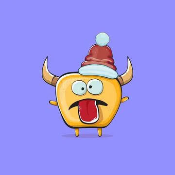 Vector cartoon funky orange monster with Santa Claus red hat isolated on violet Stock Illustration