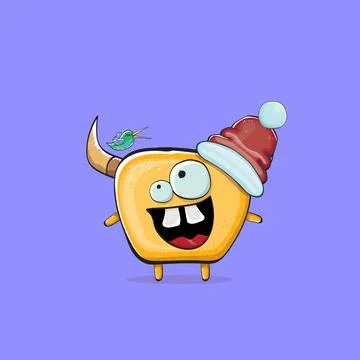 Vector cartoon funky orange monster with Santa Claus red hat isolated on violet Stock Illustration