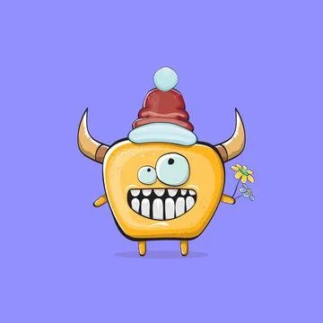 Vector cartoon funky orange monster with Santa Claus red hat isolated on violet Stock Illustration