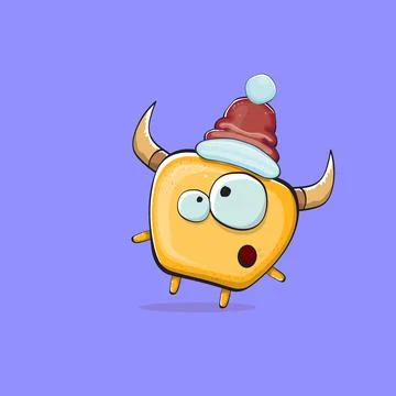 Vector cartoon funky orange monster with Santa Claus red hat isolated on violet Stock Illustration
