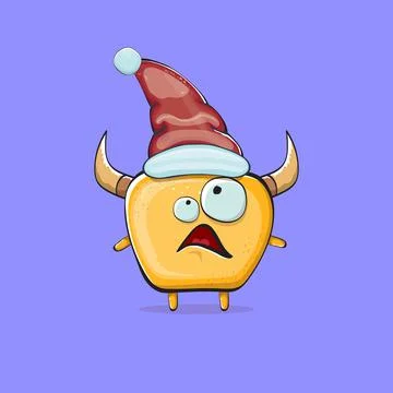 Vector cartoon funky orange monster with Santa Claus red hat isolated on violet Stock Illustration