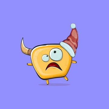 Vector cartoon funky orange monster with Santa Claus red hat isolated on violet Stock Illustration