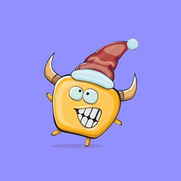 Vector cartoon funky orange monster with Santa Claus red hat isolated on violet Stock Illustration