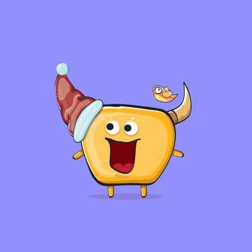 Vector cartoon funky orange monster with Santa Claus red hat isolated on violet Stock Illustration