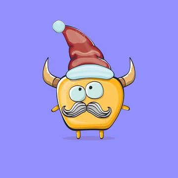 Vector cartoon funky orange monster with Santa Claus red hat isolated on violet Stock Illustration