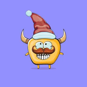 Vector cartoon funky orange monster with Santa Claus red hat isolated on violet Stock Illustration