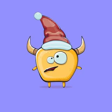 Vector cartoon funky orange monster with Santa Claus red hat isolated on violet Stock Illustration