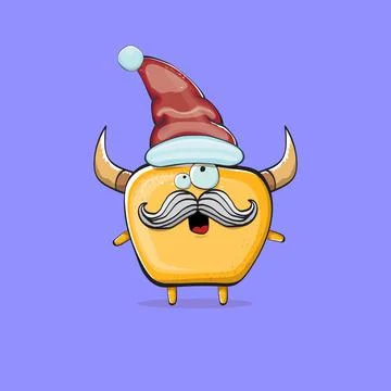 Vector cartoon funky orange monster with Santa Claus red hat isolated on violet Stock Illustration