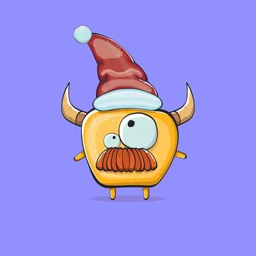 Vector cartoon funky orange monster with Santa Claus red hat isolated on violet Stock Illustration
