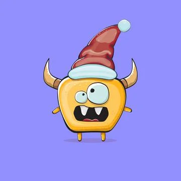 Vector cartoon funky orange monster with Santa Claus red hat isolated on violet Stock Illustration