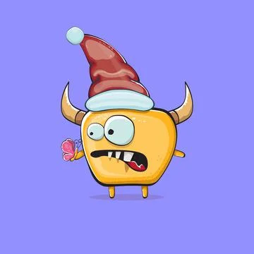 Vector cartoon funky orange monster with Santa Claus red hat isolated on violet Stock Illustration