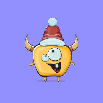 Vector cartoon funky orange monster with Santa Claus red hat isolated on violet Stock Illustration