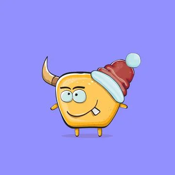 Vector cartoon funky orange monster with Santa Claus red hat isolated on violet Stock Illustration