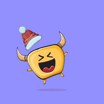 Vector cartoon funky orange monster with Santa Claus red hat isolated on violet Stock Illustration